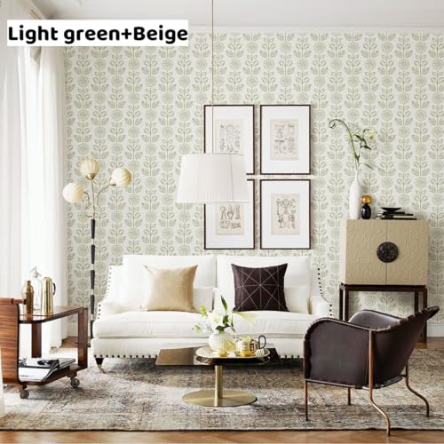 Wudnaye Floral Wallpaper Peel and Stick Boho Contact Paper 17.7in×196.8in - color: Green, size: 17.7" x 196.8"