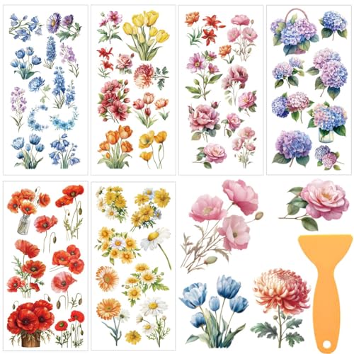 INFUNLY 6 Sheet Spring Flower Rub on Transfers 5.9x11.8 Vintage Floral Furniture Rub on Transfer Yellow Daisy Rub on Transfer Red Poppy Hydrangea Sticker Waterproof for Wood Glass Home Decor - style: Spring Flower