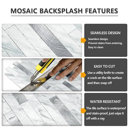 STICKGOO Peel and Stick Backsplash Tile, Volakas White with Silver Metal - color: Volakas White + Metal Silver