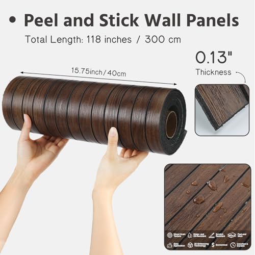 Geelin Peel and Stick PVC Wood Slat Wall Panel Decor 118" x 15.75", Walnut - color: Walnut