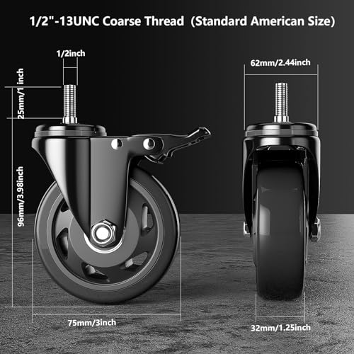 3 Inch Caster Wheels Heavy Duty 1/2"-13x1 Threaded Stem Casters Set of 4 - color: Black, size: 3in(1/2"-13)