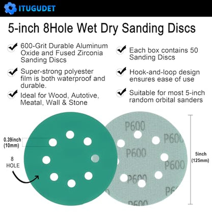 5 Inch 8 Hole P600 Grit Zirconia Wet Dry Sanding Discs - 50 Pack - size: 600 Grit