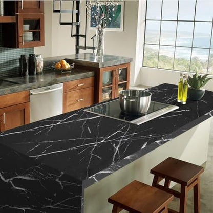 Marble Contact Paper Black Peel and Stick Wallpaper for Kitchen Countertop - color: Black/White, size: 17.7" x 78.7"