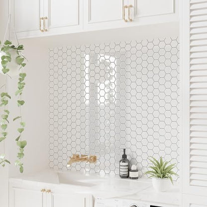 VEELIKE White Hexagon Kitchen Backsplash Tiles Peel and Stick Backsplash Wall Tiles for Bathroom 24 Sheets Waterproof Renter Friendly Ceramic Stick on Tile for Shower Wall Laundry Room 12''x12'' - size: Box of 24 Tiles