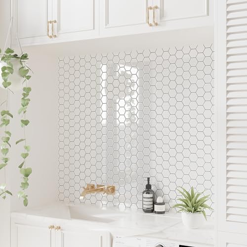 VEELIKE 12-Sheet White Hexagon Tile Peel and Stick Backsplash for Kitchen Backsplash Tiles Peel and Stick Waterproof Self Adhesive Back Splashes Stick on Tiles for Kitchen Bathroom Removable 12''x12'' - size: Box of 12 Tiles