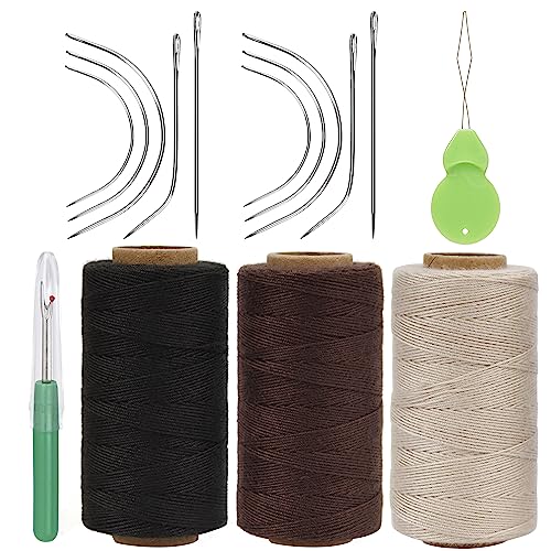 Lusecarl Needle and Thread for Hair Extensions 3 Rolls Hair Weave Sewing Threads with 10 Pcs C J I Shape Curved Upholstery Needles for Hand Sewing, Hair Extensions, Making Wigs DIY (10+3, 3Color) - color: Black, Blond, Brown, size: 10 Needle+3 Thread