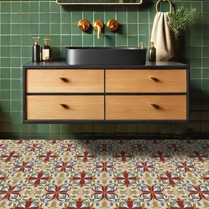 HOMETITUTE Red Base Scroll Floral Peel and Stick Tile Art Deco,12"x12" - color: Multicolor#12