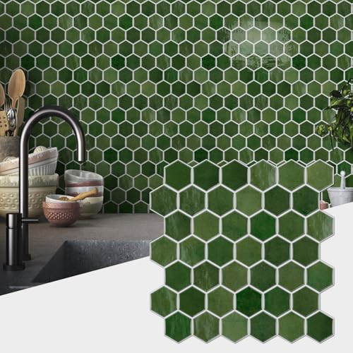 Alwayspon 10 Sheets 12" x12inch Green Marble Hexagon Effect Vinyl Tiles, Backsplash, Self-Adhesive Peel and Stick Wall Tile Stickers, Stick on Subway Tiles for Kitchen Bathroom Wall Decor - color: Green Marble