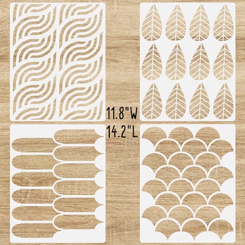 14 Inch (4 Pack) Boho Geometric Modern Design Stencils for Painting Large Pattern on Wall, Wood, Canvas, Crafts, Concrete Stencils for Patio, Reusable Wall Stencils for Painting Art Décor