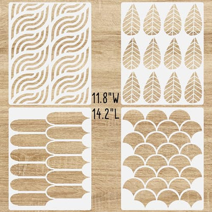 14 Inch (4 Pack) Boho Geometric Modern Design Stencils for Painting Large Pattern on Wall, Wood, Canvas, Crafts, Concrete Stencils for Patio, Reusable Wall Stencils for Painting Art Décor
