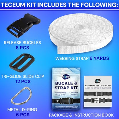 TECEUM 1" Nylon Strap Kit with Buckles, White 6 yards Repair Set - color: White, size: 1" - 6 yards, style: 6 Buckle - 12 Slides - 6 D-rind