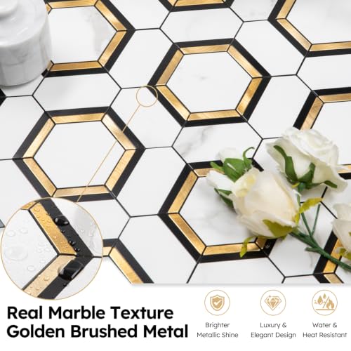 Diflart 10-Pack Peel and Stick Black White Gold Hexagon Backsplash Tile - color: White Marble + Gold + Black Metal Flower, size: 10 Sheets