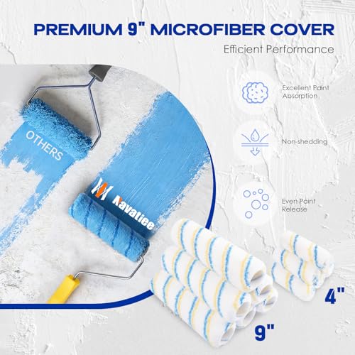 Navatiee 32PCS Paint Roller Kit with 2-4ft Extension Pole, 9" & 4" Roller Covers, Paint Brushes, Tray Liners & Tape, Professional House Painting Supplies for Walls, Ceilings & Cabinets