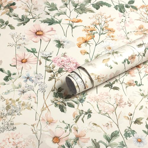 Vintage Floral Peel and Stick Wallpaper Beige Floral and Leaf Contact Paper - color: Beige, size: 16.9" x 118"