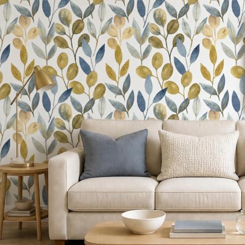 Blue and Gold Leaf Peel and Stick Wallpaper 17.7" x 70.8" - color: Blue/Gold, size: 17.7" x 70.8"