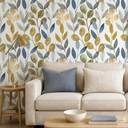 Blue and Gold Leaf Peel and Stick Wallpaper 17.7" x 212.6" - color: Blue/Gold, size: 17.7" x 212.6"