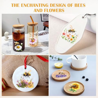 48 Sheets Rub on Transfers for Crafts and Furniture Rub on Transfer Stickers Decals for Wood,2.5 * 2.5inch (Bees and Flowers) - style: Bees and Flowers