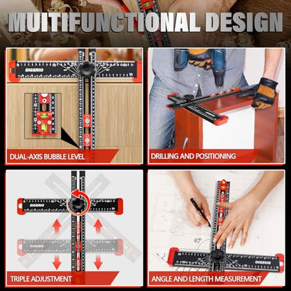 4 in 1 Drilling Positioning Ruler, Aluminum Alloy T Square Ruler 14in, Multifunctional T Ruler, Cabinet Handle Template Tool for Installating Handles, Cabinet Hardware Jig for Woodworking