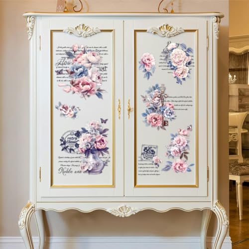 Peacoblue Vintage Peonies Rub On Transfers for Furniture Craft 6"x12" - style: Vintage Peonies