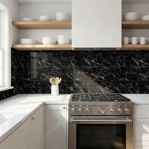 4 Sheets Nero Marquina Black Marble Peel and Stick Tile 4"x8" - color: Nero Marquina Black Marble, size: 4 Pcs 4" x 8" x 0.07"