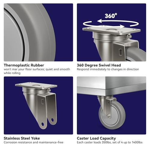 5" Caster Wheels, Stainless Steel Casters Set of 4 Heavy Duty, Anti-Corrosion Rubber Industrial Caster Wheels for Hospitals Food Labs(2 Swivel& 2 Rigid) - style: 2 Swivel&2 Rigid