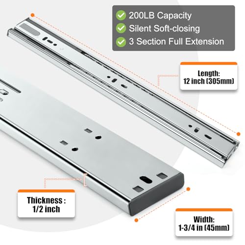 HBL'1 Pair Soft Close Drawer Slides 12 inch,Full Extension,200Lbs Load - color: Silver, size: 12 Inch