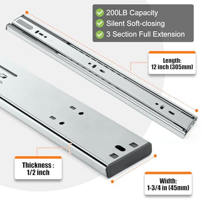 HBL'1 Pair Soft Close Drawer Slides 12 inch,Full Extension,200Lbs Load - color: Silver, size: 12 Inch