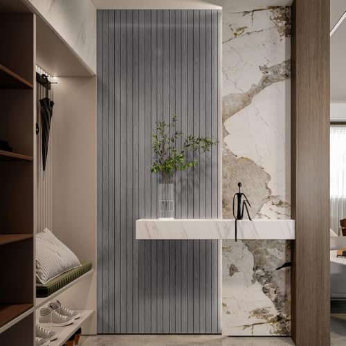 YLL YLL PVC Slat Wall Panel Peel and Stick 236"x 15.7" Faux Grey Wood Grain Slat Panel Self-Adhesive Wallpaper Soundproof 3D Wall Panels - color: Gray, size: 15.7" x 236"