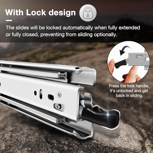 Heavy Duty Locking Drawer Slides Load 136 lbs Full Extension Runners with Lock 12 14 16 18 20 22 24 26 28 30 32 34 36 38 40 Inch Side Mount Rails for Drawer Capacity 136 lb 1 Pair - size: 22 Inch, style: With lock