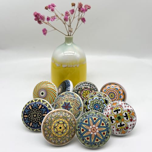 Bohemian Ceramic Knobs - 10Pcs Round Porcelain Knobs - Exquisite Ceramic Bohemian Handles - Bohemian Style Cabinet Knobs