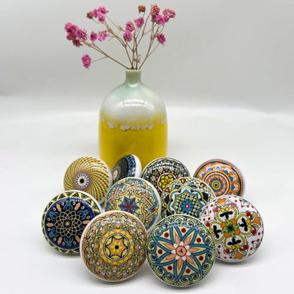 Bohemian Ceramic Knobs - 10Pcs Round Porcelain Knobs - Exquisite Ceramic Bohemian Handles - Bohemian Style Cabinet Knobs