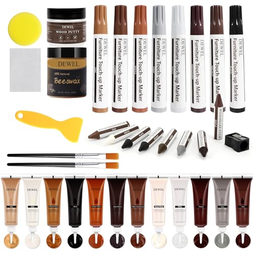 DEWEL Wood Furniture Repair Kit, New Upgrade Wood Fillers, Furniture Touch Up Markers, Wax Sticks, Wood Putty with Beeswax for Cracks, Wood Hole, Scratches, Floor, Table, Door - color: 12+8+8