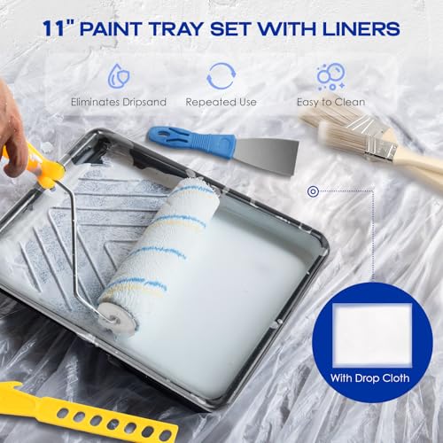 Navatiee 32PCS Paint Roller Kit with 2-4ft Extension Pole, 9" & 4" Roller Covers, Paint Brushes, Tray Liners & Tape, Professional House Painting Supplies for Walls, Ceilings & Cabinets