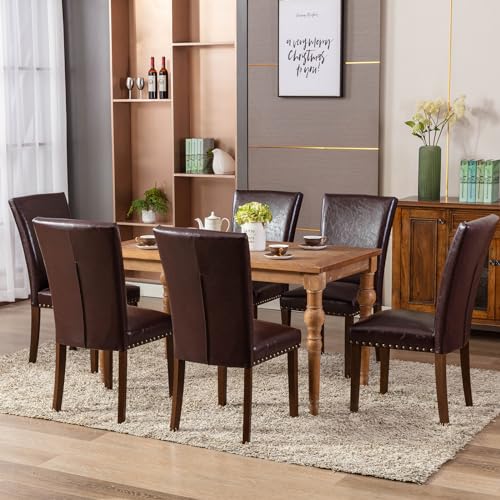 COLAMY Upholstered Parsons Dining Chairs Set of 6, PU Leather Dining Room Kitchen Side Chair with Nailhead Trim and Wood Legs - Dark Brown - color: L-darkbrown, size: Set of 6