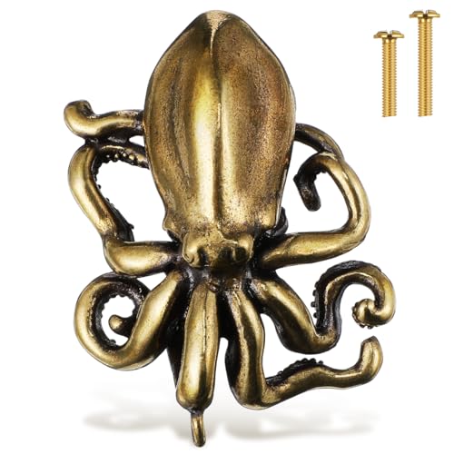 Vintage Octopus Cabinet Knob Brushed Finish Decorative Brass Pull for Drawers Cabinets Wardrobes Nautical Furniture Hardware 1.81 X 1.53 X 0.98 in