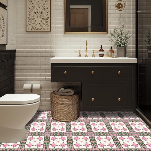 HOMETITUTE Pink Rose Green Border Peel Stick Floor Tile 12x12 Vinyl - color: Pink#1