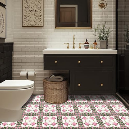 HOMETITUTE Pink Rose Green Border Peel Stick Floor Tile 12x12 Vinyl - color: Pink#1