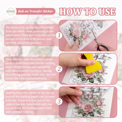 WANDIC Retro Rub On Transfer Stickers, 6 Sheets Pink Retro Flowers Rub on Decals Rose Stickers with Letters Waterproof Furniture Stickers for DIY Home Scrapbooking Windows Crafts,12 * 6in - color: Pink Flower, size: 6 Sheets
