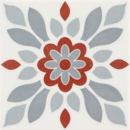 HOMETITUTE Nordic Red Grey Flower Peel Stick Floor 12x12 in Vinyl Flooring - color: Red