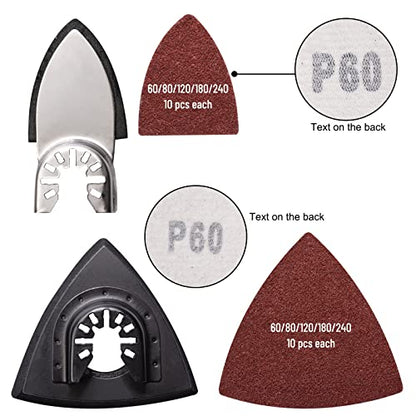 105PCS Oscillating Tool Detail Sanding Pads Kit, 3Pcs Triangle and 2Pcs Finger Sanding Pad, 100Pcs Multitool Sandpaper, Grit Fit for Finishing Wood Sanding Plaster - size: 105 pcs Triangle and Finger Sanding Pads