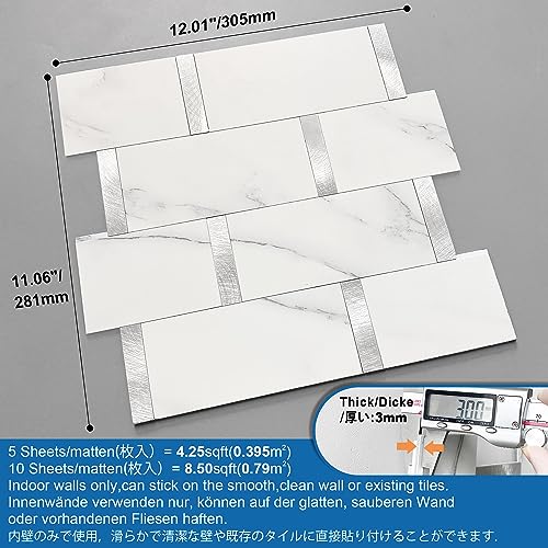 Subway Backsplash Peel and Stick Backsplash Tile White Silver 5pcs - color: White Silver, size: 5sheets