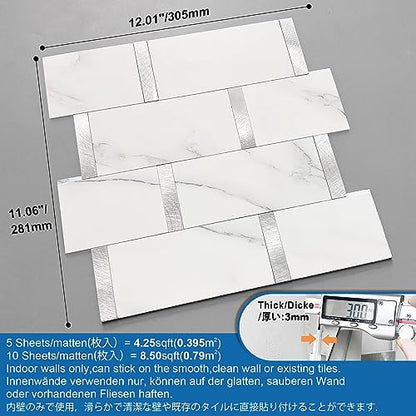 Subway Backsplash Peel and Stick Backsplash Tile White Silver 5pcs - color: White Silver, size: 5sheets