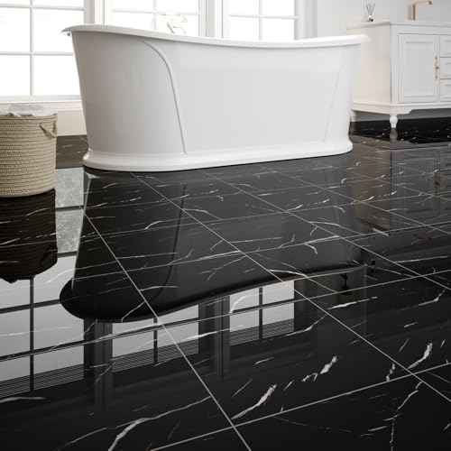 20-Pack Peel and Stick Floor Tiles Vinyl Floor 12 x 12 inch Self Adhesive Waterproof Flooring Planks DIY for Bathroom, Kitchen, Living Room, RV, Cover 20 Sq. Ft, Polish Black Marble - color: Polish Black Marble