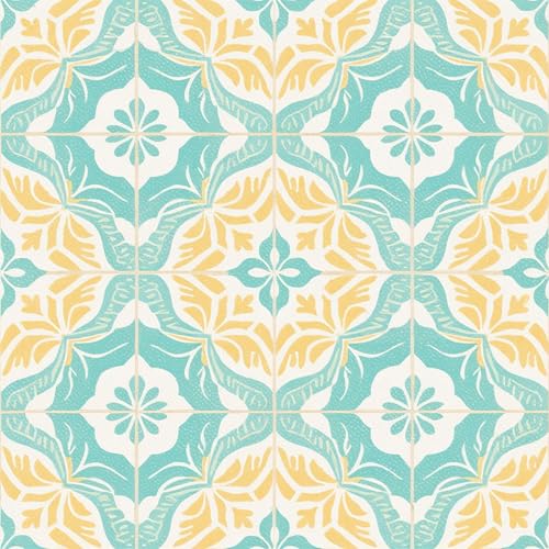 HOMETITUTE Mint Yellow Floral Peel and Stick, Tiles Tile Art Deco, 12"x12" - color: Turquoise, Yellow