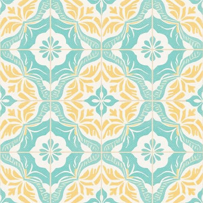 HOMETITUTE Mint Yellow Floral Peel and Stick, Tiles Tile Art Deco, 12"x12" - color: Turquoise, Yellow