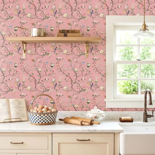 CHIHUT Blush Pink Chinoiserie Bird Floral Peel and Stick Wallpaper - color: Blush Pink, size: 17.7" x 236"