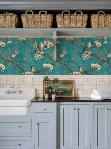 Bird Floral Peel and Stick Wallpaper, Teal Chinoiserie Botanical Wallpaper - color: ML-M091, size: 17.7" x 118"