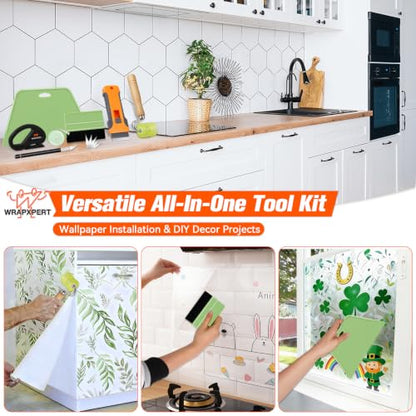 WRAPXPERT Wallpaper Tools Wallpaper Smoothing Tool Kit with Felt Squeegee,Seam Roller,Razor Scraper,Wrapping Paper Cutter for Peel and Stick Contact Paper,Vinyl Backsplash Tile,Bathroom,Window Film - color: Green
