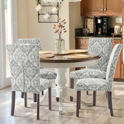 COLAMY Upholstered Parsons Dining Chairs Set of 6, Fabric Dining Room Kitchen Side Chair with Nailhead Trim and Wood Legs - Grey/White Flower - color: Grey/White Flower, size: Set of 6