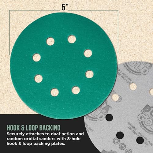 Dura-Gold 5" Green Film Sanding Discs, 220 Grit, 8-Hole, Box of 50, H & L - style: 220 Grit
